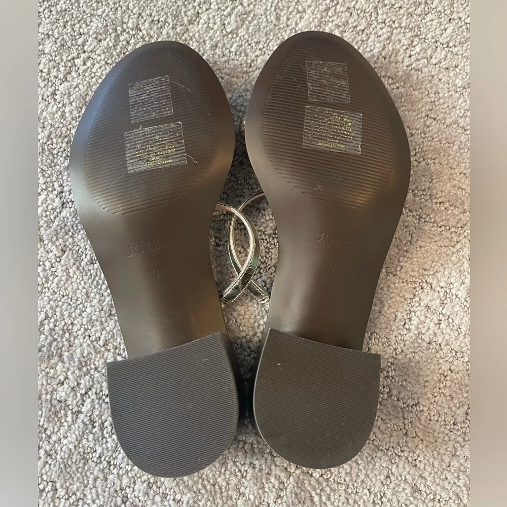 J. Crew Metallic and Brown Strappy Toe Ring Sandals, Stacked 2” Block Heel, 6